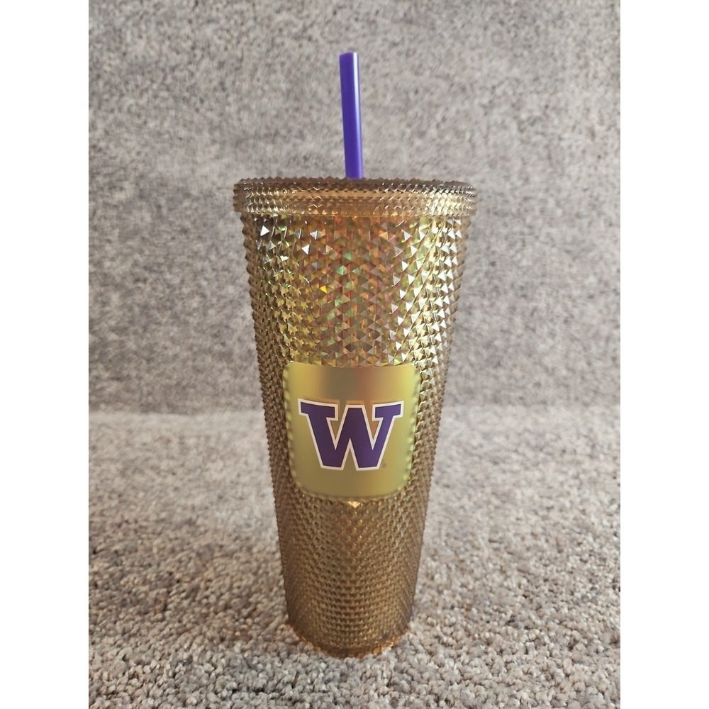 New Starbucks Venti 24oz cold cup studded tumbler gold purple UW Huskies WA